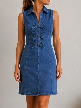 Denim Bow Tie Dress Size Large Collared Sleeveless Blue NWT Potili